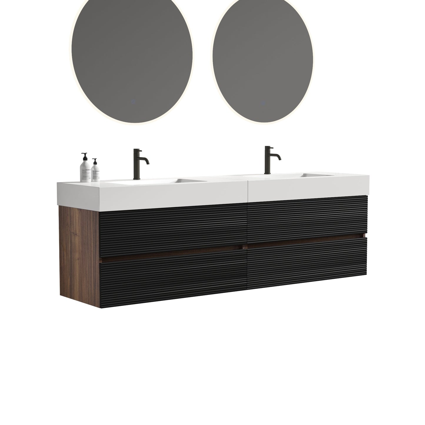 72'' Double Bathroom Vanity with Matt Black Quartz Sink Soft Black Drawers Wall Mount