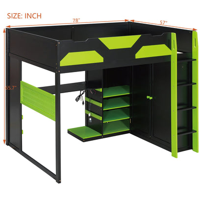 Full Size Wood Loft Bed with Desk, Multi-storage Shelves,USB and RGB Light,Green