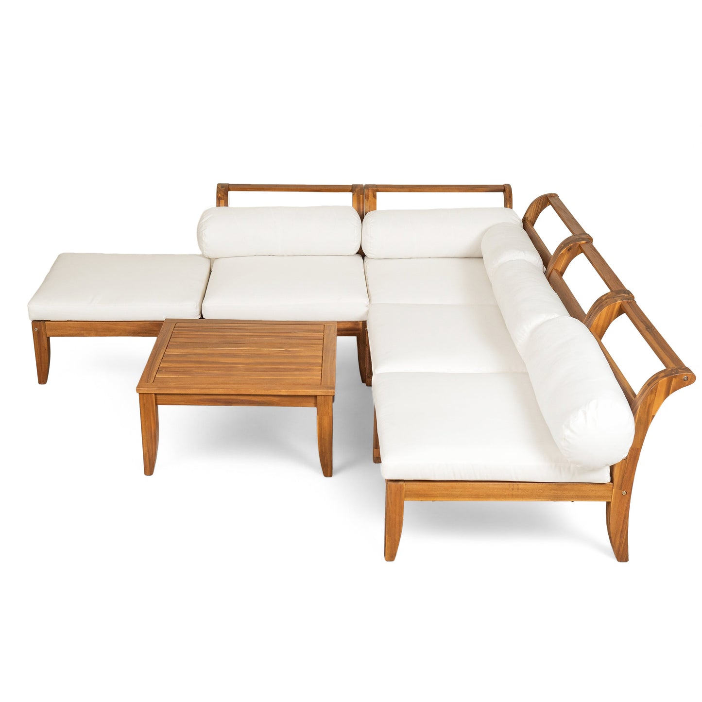 Outdoor Patio Set L-Shape Acacia Wood Teak Beige Cushions 6 Piece
