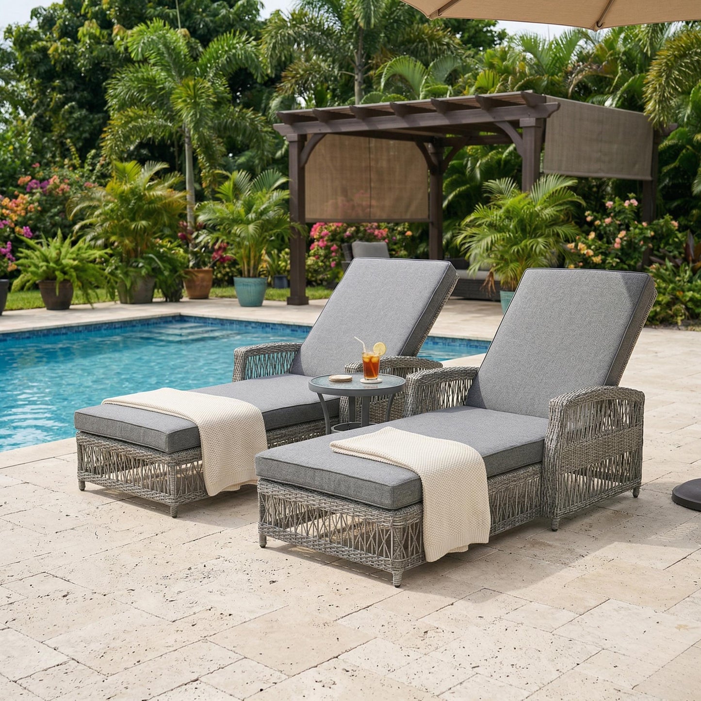 2 Pieces Long Reclining Chaise, Outdoor Wicker Lounge with Armrests, Patio