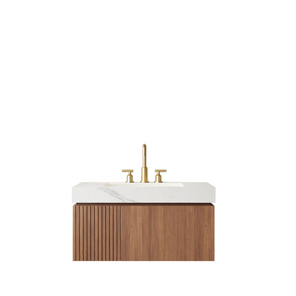 36' Bathroom Vanity with Sink, Floating Plywood Cabinet Carrara White Sintered Stone