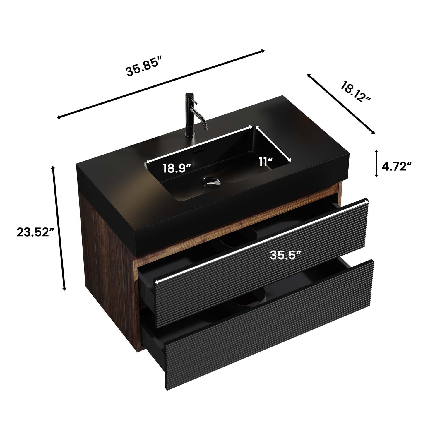 36' Walnut Bathroom Vanity with Matt Black Engineered Quartz Sink Soft Black Drawers