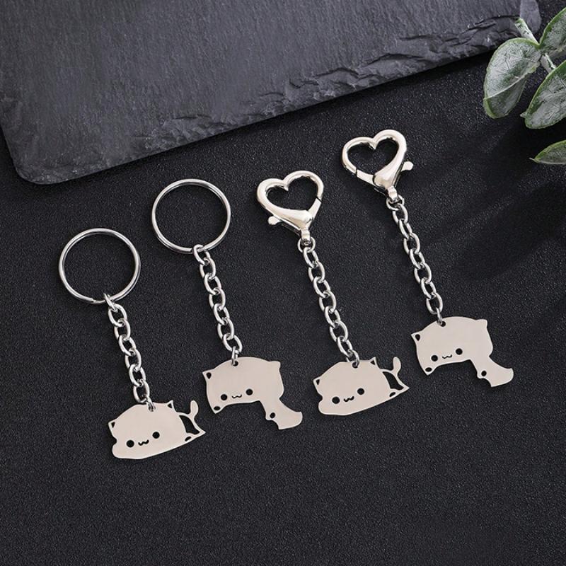 2Pcs Cute Dudu Bubu Hug Cat Couple Keychain Set, Stainless Steel Double Cat Charms, Round Key Ring & Heart Lobster Clasp, Sweet Matching Pair Gift For Lovers