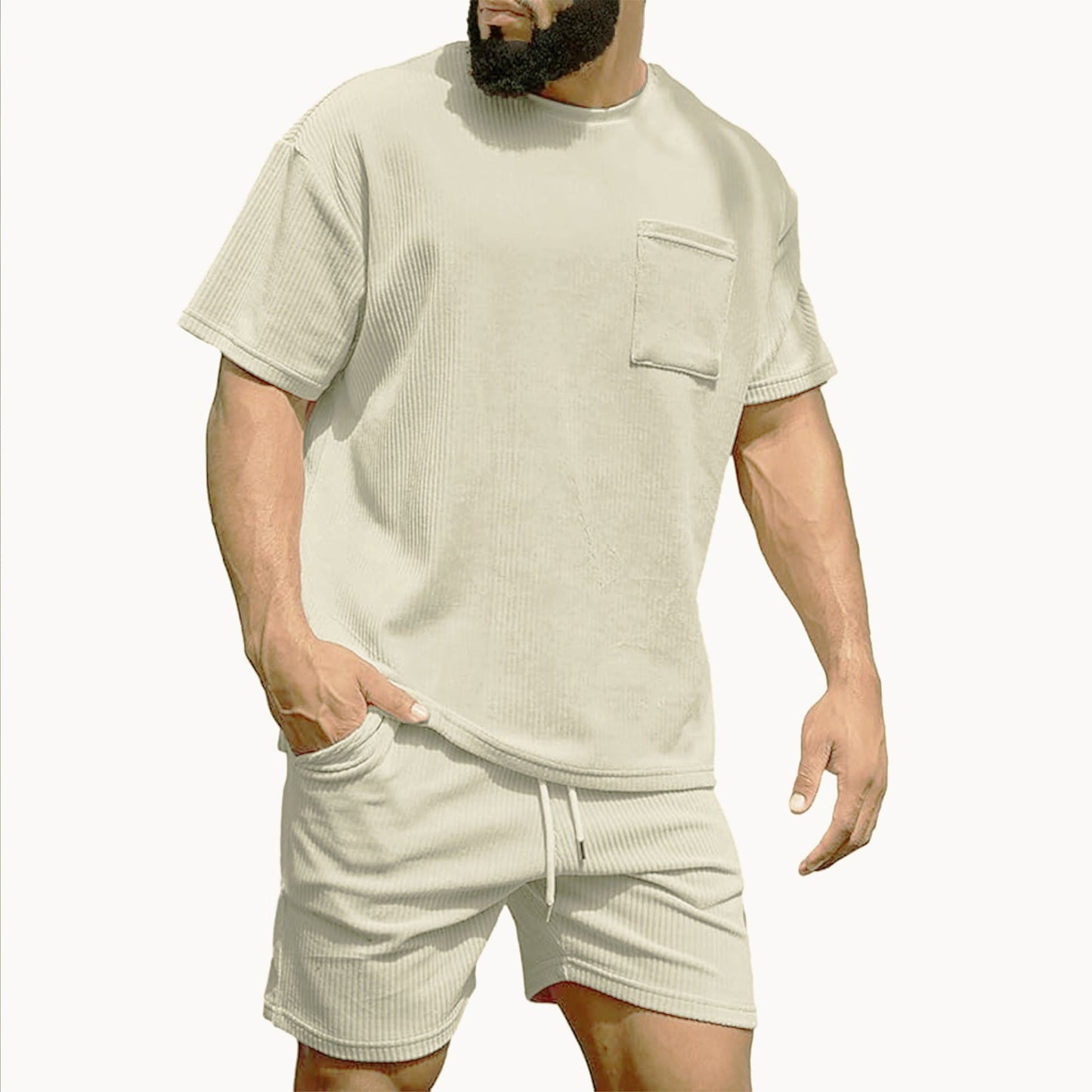 Mens Corduroy Casual Crew-Neck Shorts Set