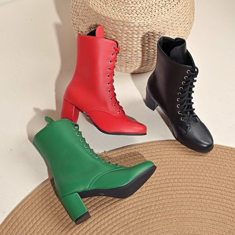 Womens Fashionable Block-heeled Lace-up Boots In Large Sizes