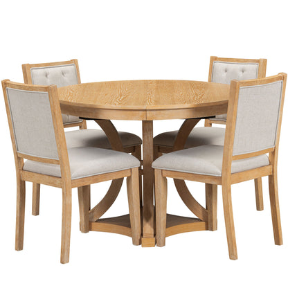 5-Piece Retro Functional Dining Table Set Extendable Round Table and 4