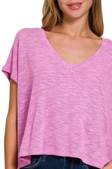 Zenana Hacci Slub V-neck Drop Shoulder Crop Top