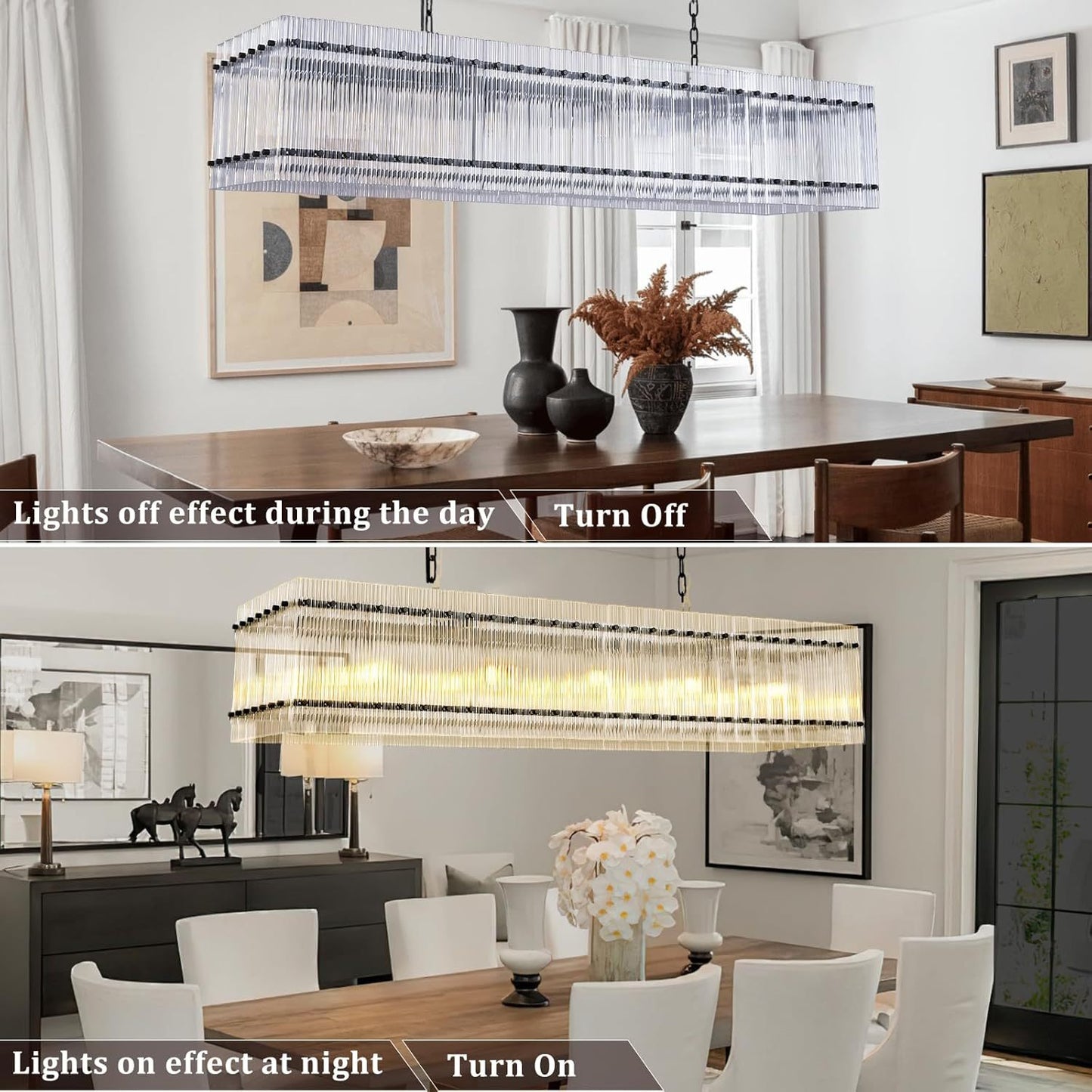 Chandelier Crystal Glass 10-Light Black Modern Rectangular Pendant Dining