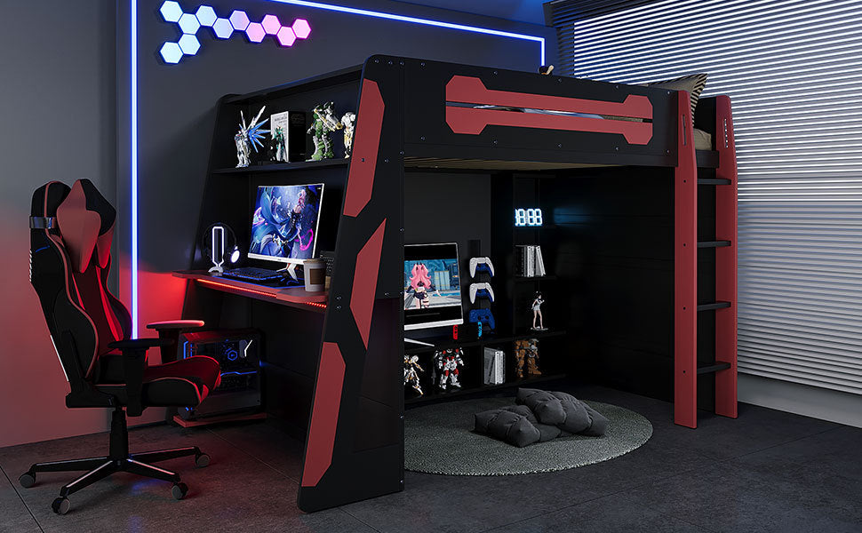 Full Size Wood Loft Bed with Desk, Multi-storage Shelves and RGB Light, Red