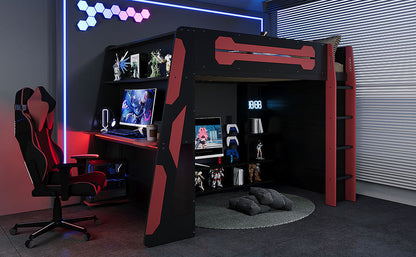 Full Size Wood Loft Bed with Desk, Multi-storage Shelves and RGB Light, Red