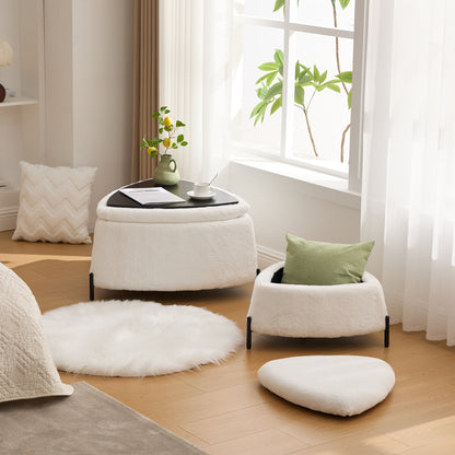 Ivory Faux Fur Upholstered Storage Ottoman Set with Metal Legs