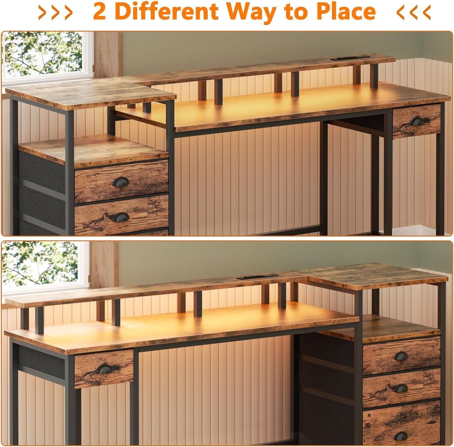 60 Inch Computer Desk With Storage Drawers And LED Lights