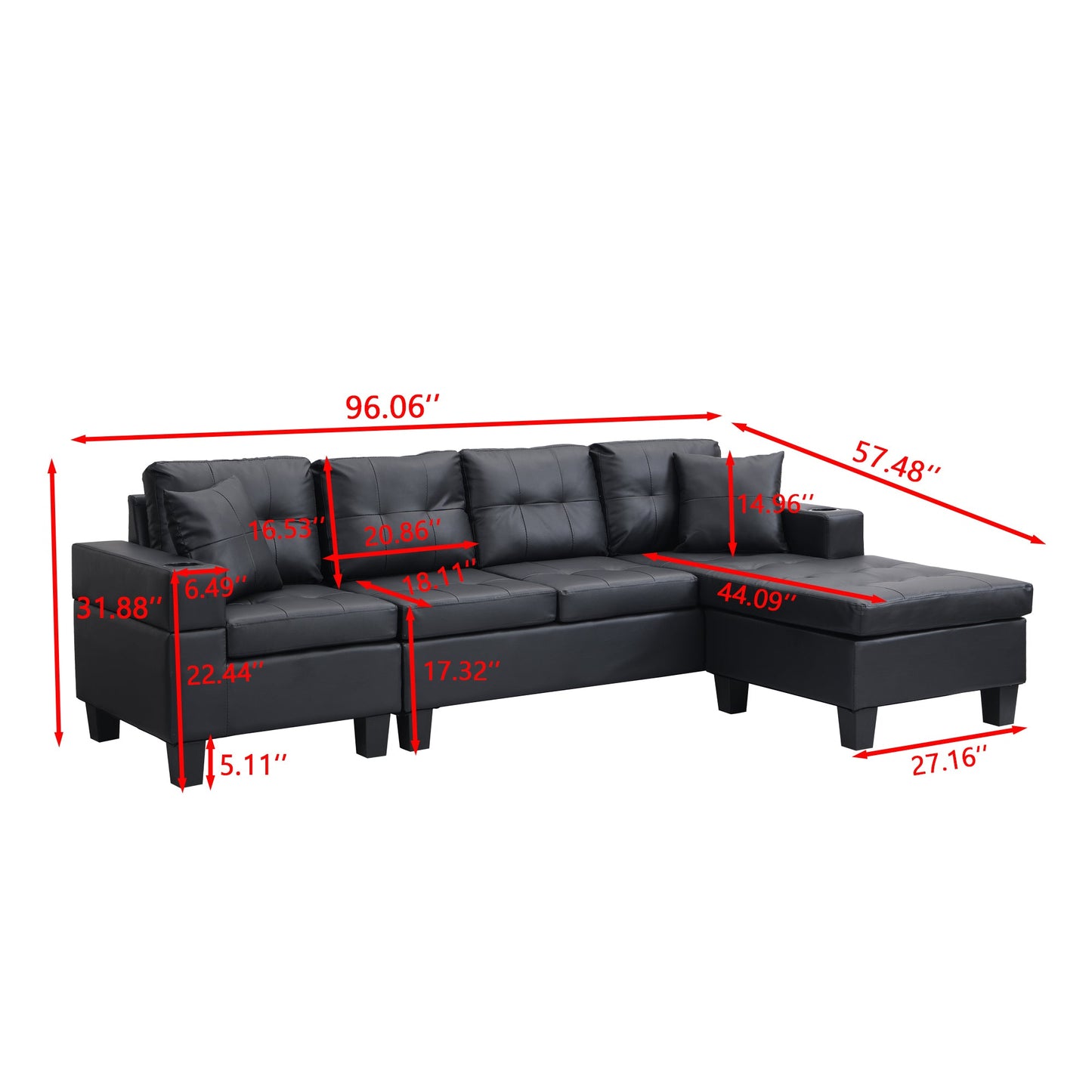 Sectional Sofa L-Shape Chaise PU Leather Black 4-Seat Cup Holders 96x57 In