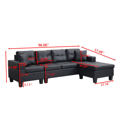 Sectional Sofa L-Shape Chaise PU Leather Black 4-Seat Cup Holders 96x57 In