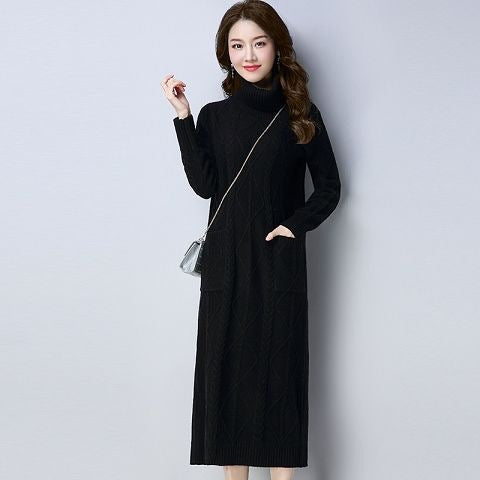 Womens High-neck Long Fleece-lined Extra-thick Loose-fitting Sweater
