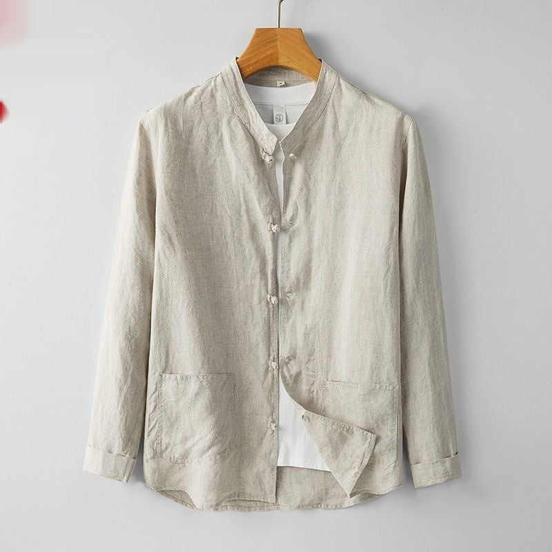 Mens Retro Chinese Style StandUp Collar LongSleeve Shirt