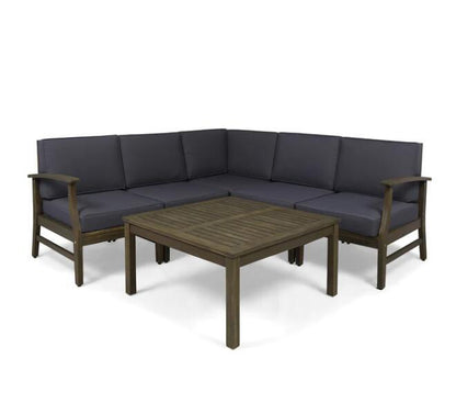 Outdoor Sectional Set Acacia Wood Dark Gray Cushion 6 Piece Seats 5