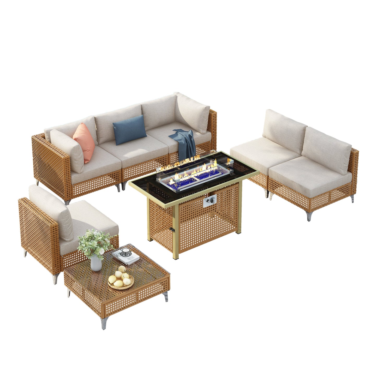 Outdoor Patio Set with Fire Pit Table Rattan Metal Beige 8 Piece