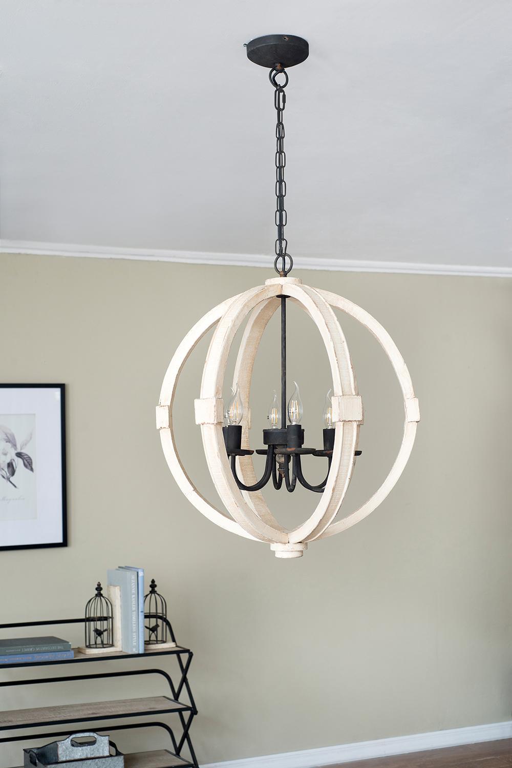 Chandelier Antique Cream 6-Light Pine Wood Iron 22.5 In 26 In