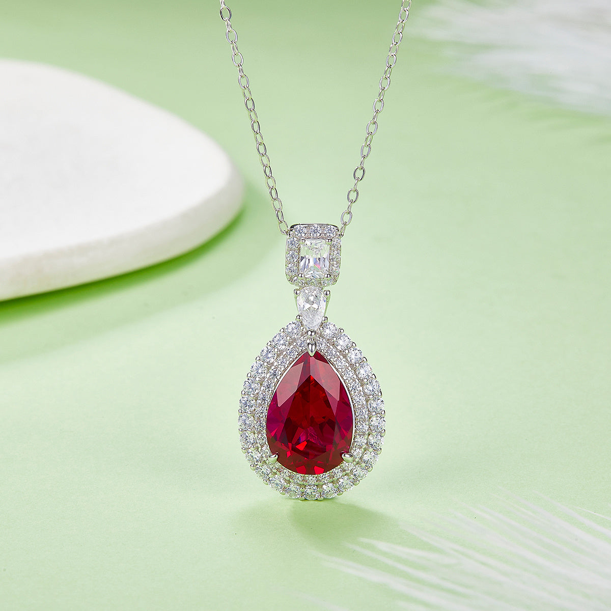 S925 Sterling Silver Lab-Grown Ruby Emerald Necklace, 13x9mm Pear Double Halo Pendant, Platinum Plated 40&45cm Chain, 5.8g Women's Gift Box