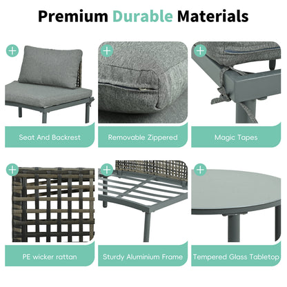 Outdoor Sectional Set PE Wicker Aluminum Gray Half Moon 6 Piece 300 LB