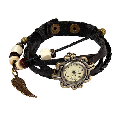 New! Boho Retro Angel Wing Leather Watch – Black