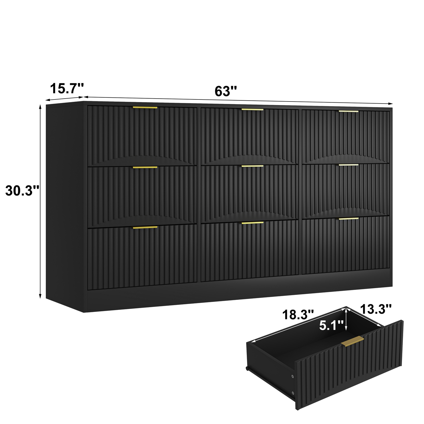 Dresser Classic 9-Drawer Black Particle Board Gold Handles 63x15.74 In