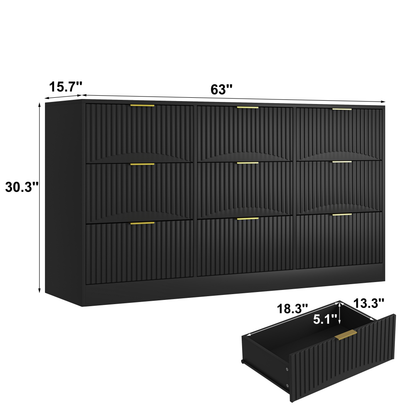 Dresser Classic 9-Drawer Black Particle Board Gold Handles 63x15.74 In
