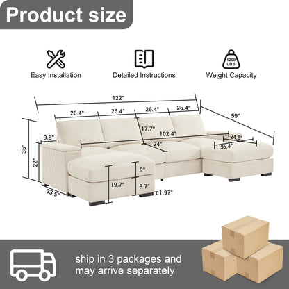 Sectional Sofa U-Shape Corduroy Beige 4 Seat 122 In 2 Ottomans
