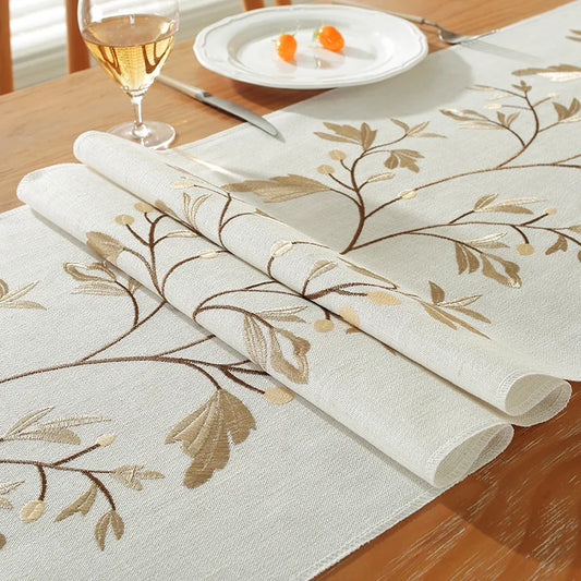 Cotton Linen Embroidered Table Runner, Willow Leaf Table Runners, Rustic Farmhouse Table Runner for Dining Parties Wedding Decor