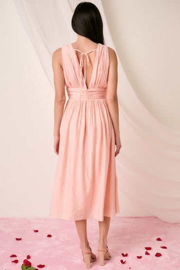 Ruched V-Neck Sleeveless Midi Dress For Women – Elegant and Chic Dress with Flattering Ruched Detailing and Sophisticated V-Neck