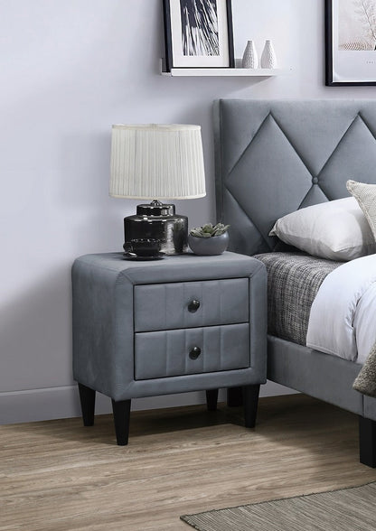 Grey Velvet Nightstand with 2 Drawers, Sleek Design, Tempered Legs, Bedroom