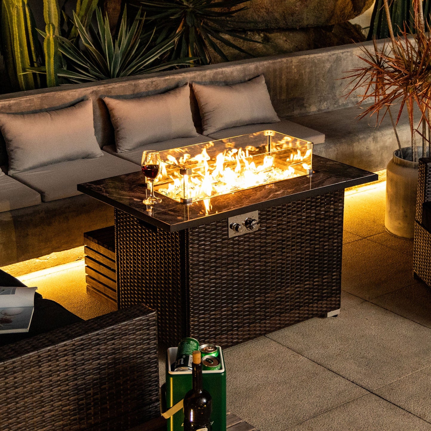 44 Inch Propane Gas Fire Pit Table 50000 BTU Tile Tabletop with Wicker Base