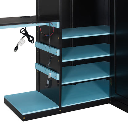 Full Size Wood Loft Bed with Desk, Multi-storage Shelves, USB and RGB Light