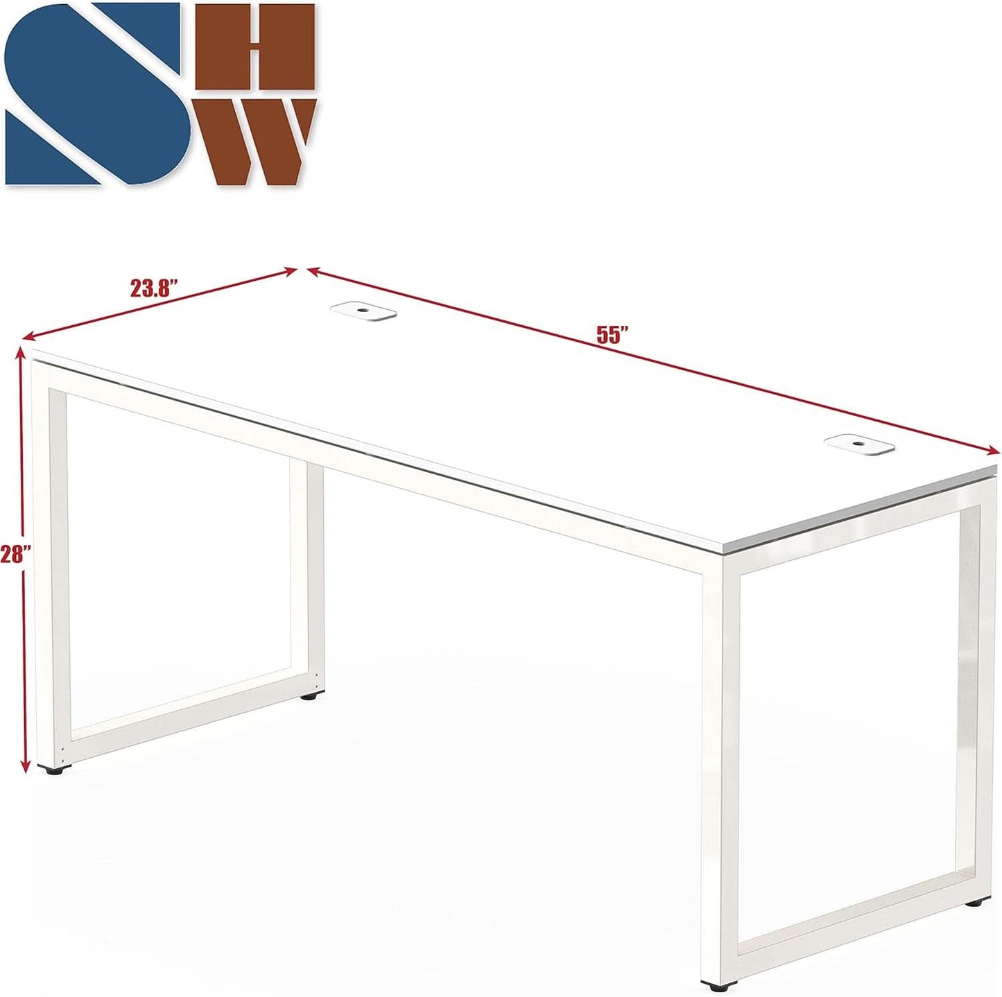 55 Inch White Computer Desk With Cord Management And Adjustable Glides