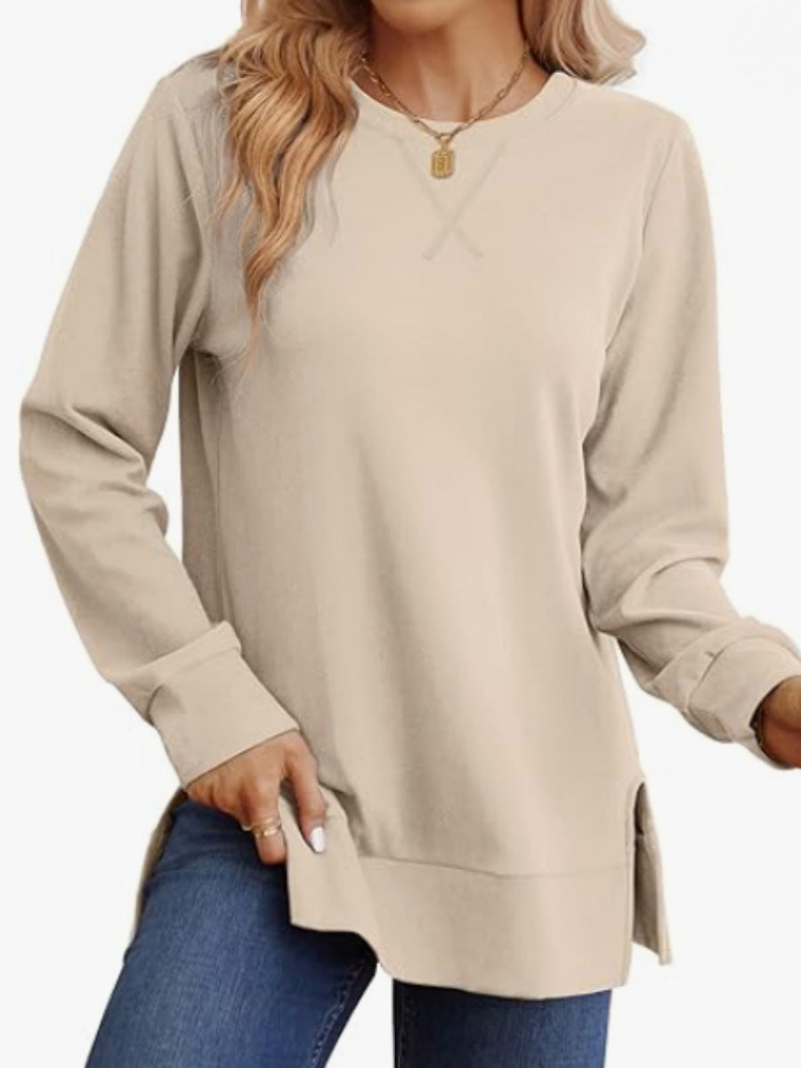 Womens Crew-Neck Long-Sleeve T-Shirt With Side Slits Casual Top