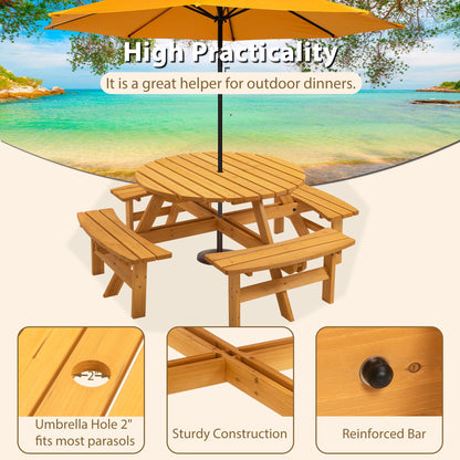 Outdoor Picnic Table Round Fir Wood 8-Person 43 In Umbrella Hole