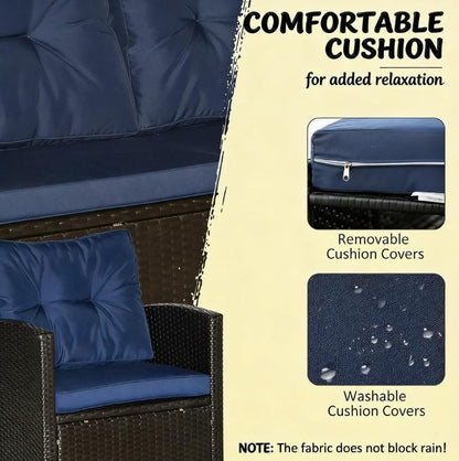 Outdoor Sectional Set PE Wicker Steel Coffee Blue Cushion 4 Piece Seats 4