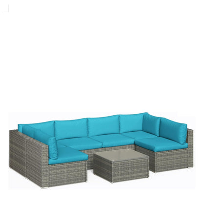 7 Piece Outdoor Sectional Set PE Rattan Gray Blue