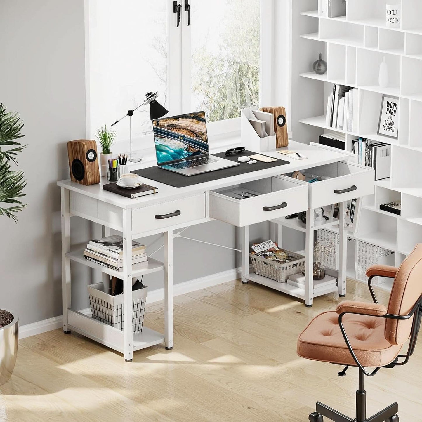 White 48 Inch Contemporary Premier Desk With Drawers