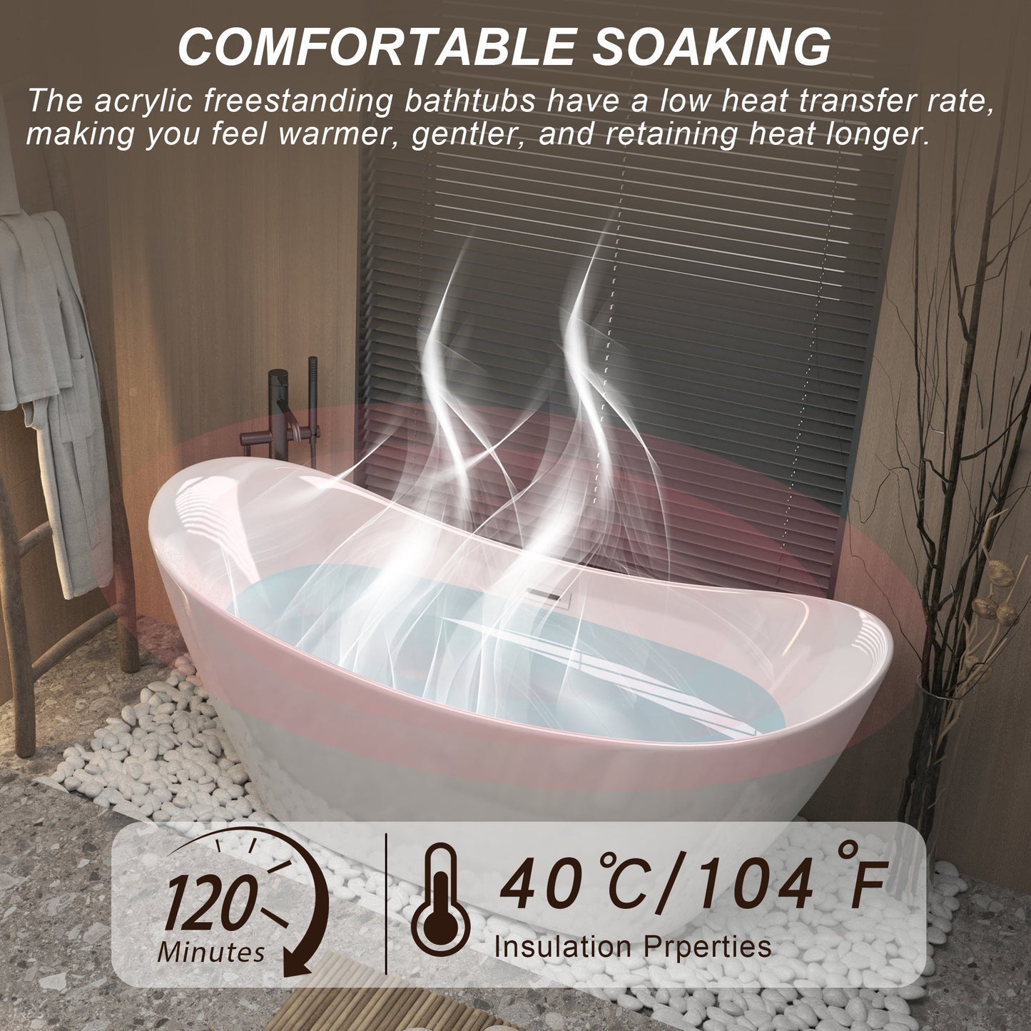Modern Acrylic Freestanding Tub, Gloss White, Chrome Overflow and Pop-Up Drain