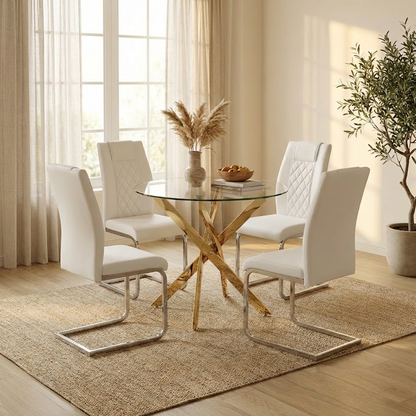 Round Glass Dining Table Set for 4, 35.5' Glass Dining Table with Gold Legs,