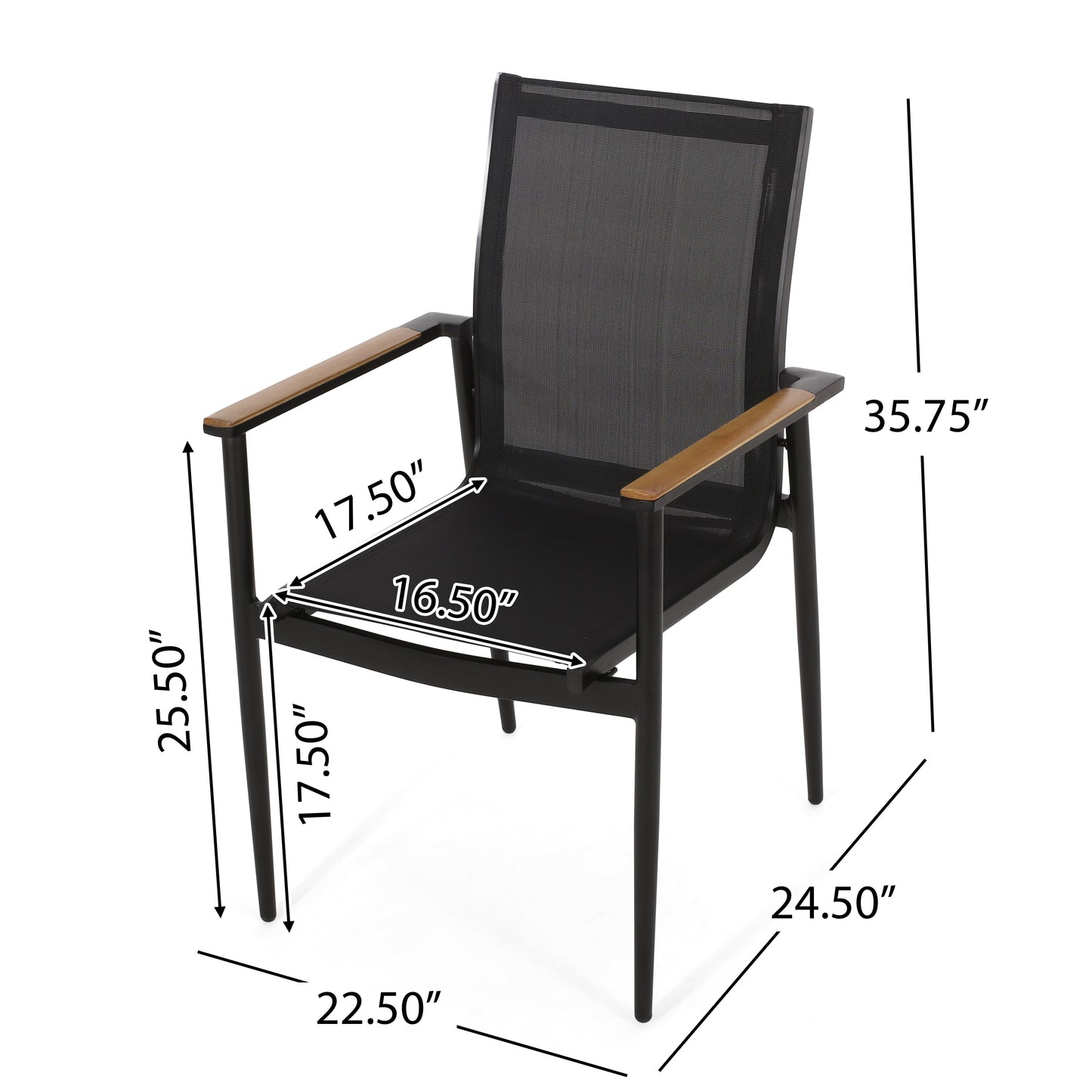Dining Chair Outdoor Aluminum Mesh Black Natural Faux Wood Accent 22x25x36 In