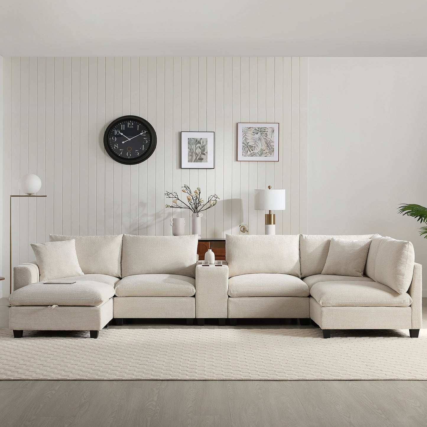 Sectional Sofa U-Shape Corduroy Beige 6 Seat Storage Ottoman USB 140 In