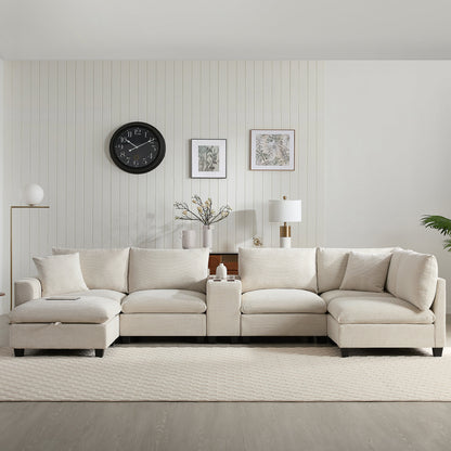 Sectional Sofa U-Shape Corduroy Beige 6 Seat Storage Ottoman USB 140 In
