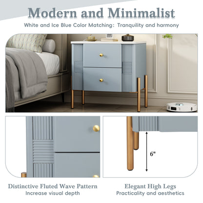 Modern Fluted Nightstand with 2 Drawers, Gold Metal Legs and Handles, Blue