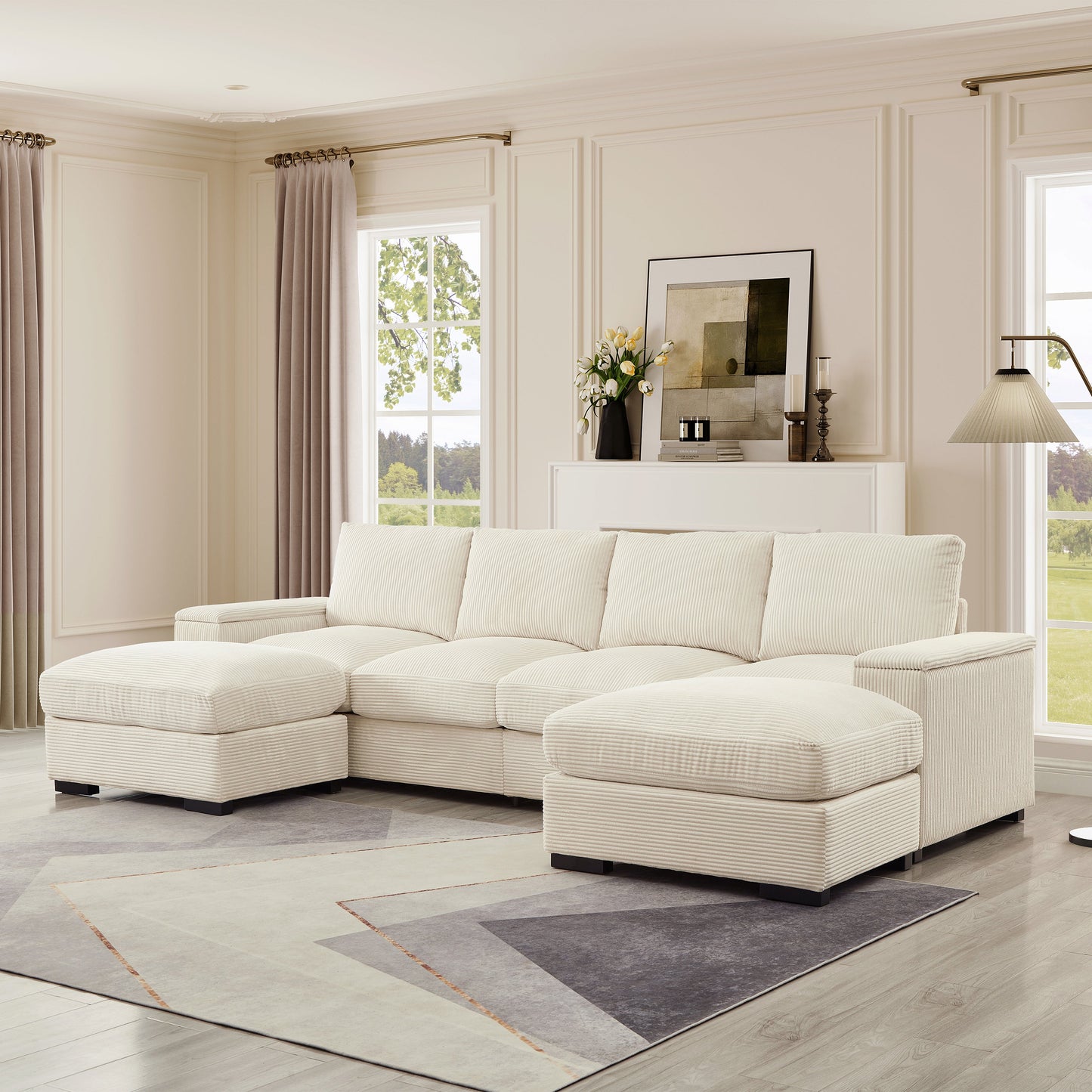 Sectional Sofa U-Shape Corduroy Beige 4 Seat 122 In 2 Ottomans