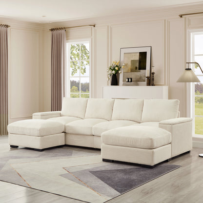 Sectional Sofa U-Shape Corduroy Beige 4 Seat 122 In 2 Ottomans