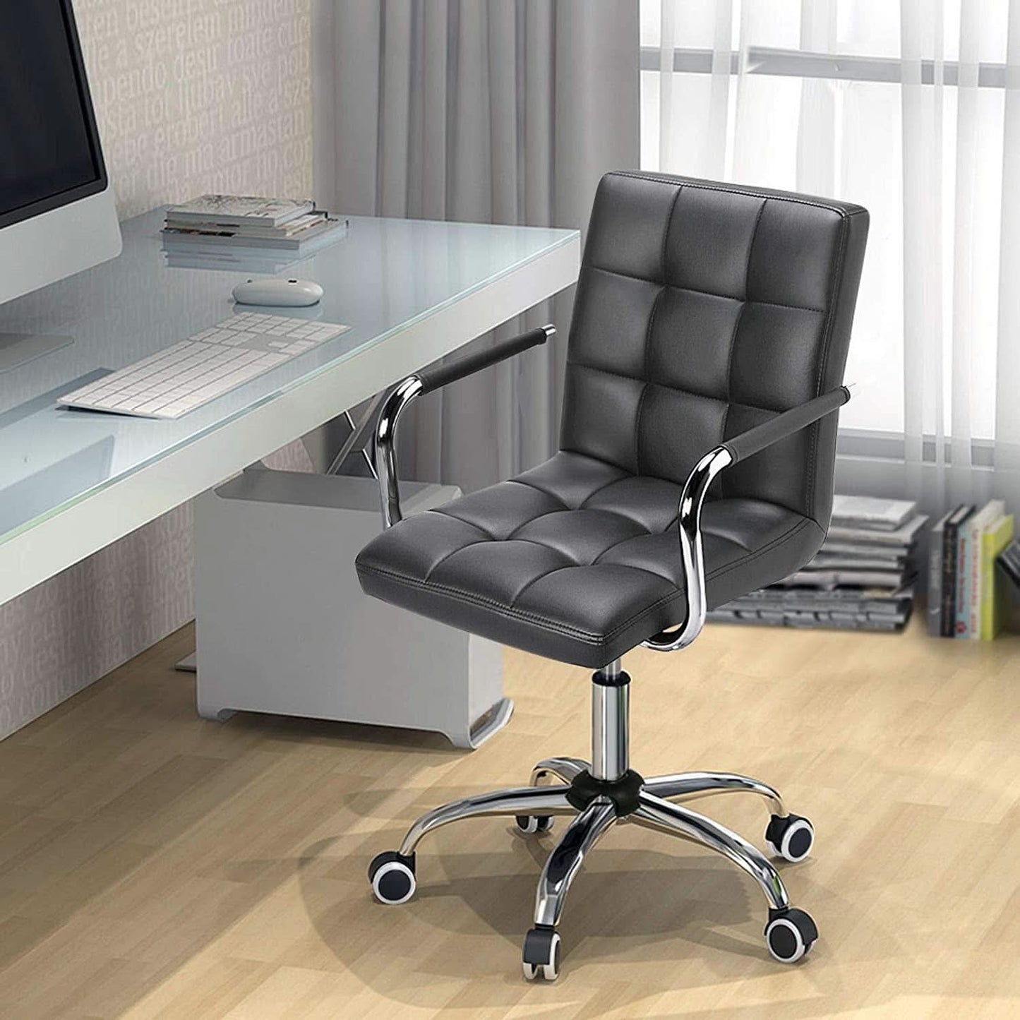Grey Leather Office Chair With Armrests For Home Office