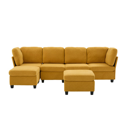 Sectional Sofa U-Shape 6 Seat Mustard Yellow Storage Ottoman